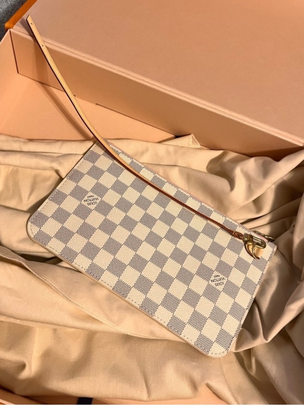 Louis Vuitton Damier Azur Wristlet Clutch with Tan Strap